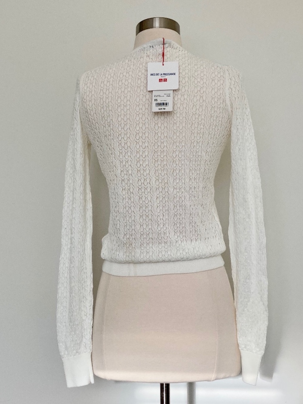 Ines de la Fressange White Openwork Knit Cardigan Cotton Sheer Cropped XS